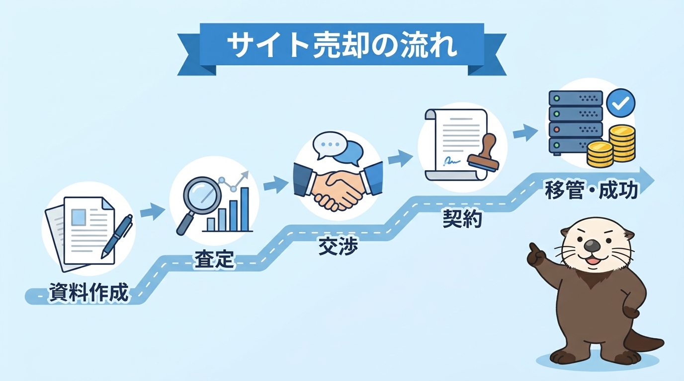 サイトM&Aの売却を成功させる5つのステップの流れを示す見出し画像
