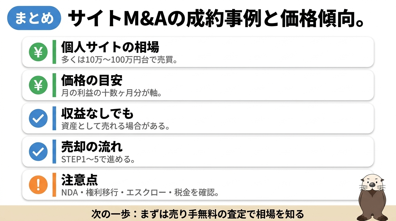 サイトM&Aの要点をまとめた図。個人サイトは10万〜100万円台で売買、相場は月の利益の十数ヶ月分、収益なしでも売れる、売却は5ステップ、まずは無料査定という流れ