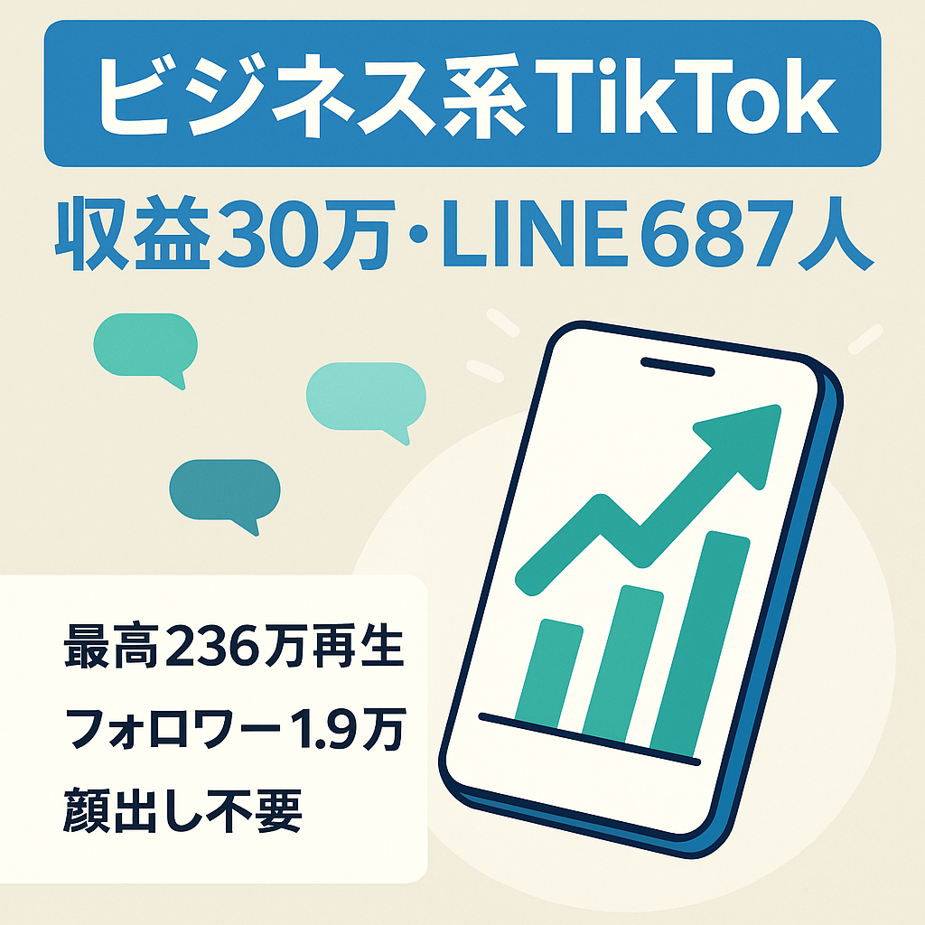【最高236万再生＆運用時収益30万円/ビジネス系TikTokフォロワー1.9万人】属人性なし/3ヶ月で公式LINE687人追加/公式LINE付き