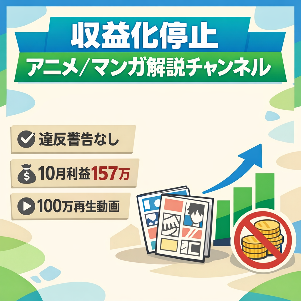 訳あり：【収益化停止 】アニメ・マンガ系の解説チャンネル  ※100万再生越え動画あり【違反警告なし】