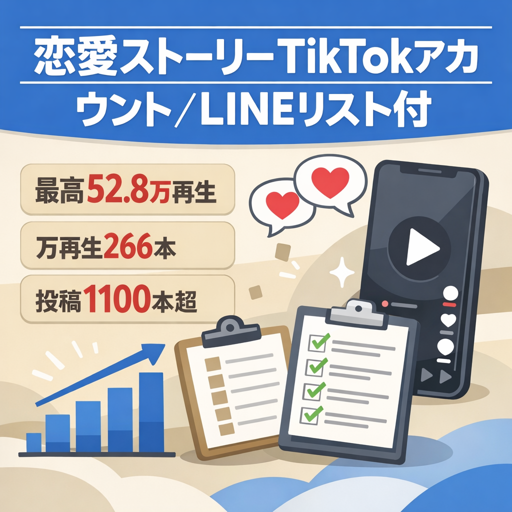 TikTok最高52.8万再生｜万再生266本｜女性視聴者6割｜恋愛ストーリーSNS｜LINEリストあり