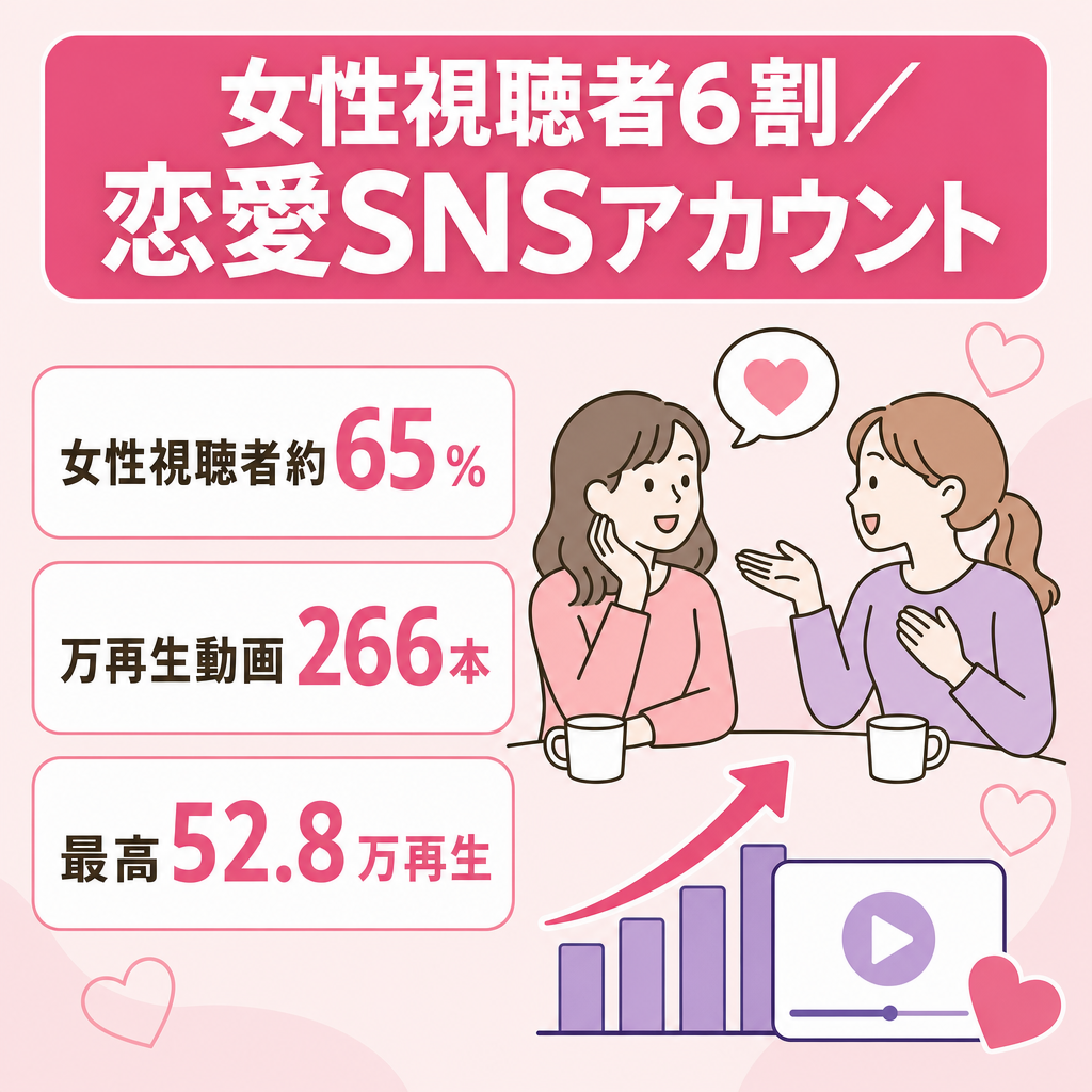 女性視聴者6割｜万再生266本｜最高52.8万再生｜恋愛ジャンルSNS
