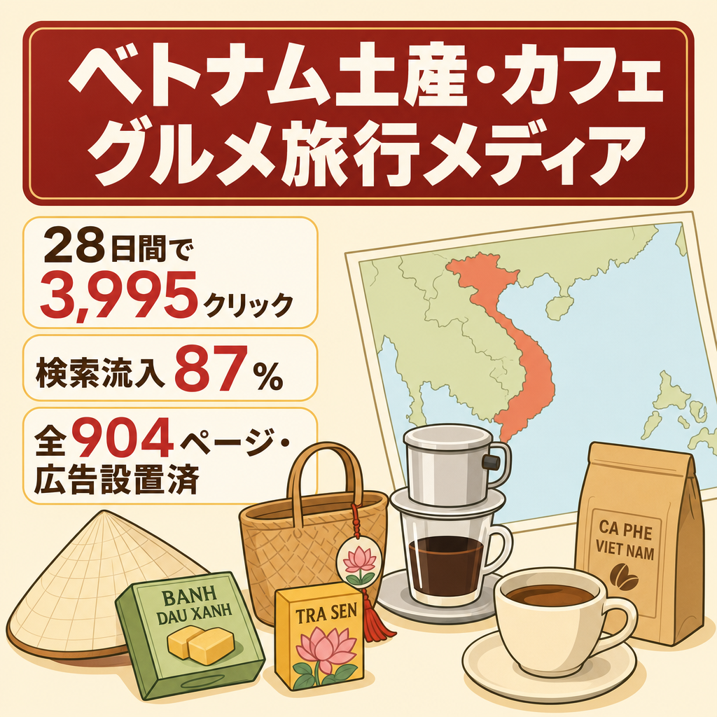 【直近28日3,995クリック・検索流入87%】ベトナム土産とカフェのグルメ・旅行メディア／904ページ