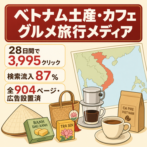 【直近28日3,995クリック・検索流入87%】ベトナム土産とカフェのグルメ・旅行メディア／904ページ