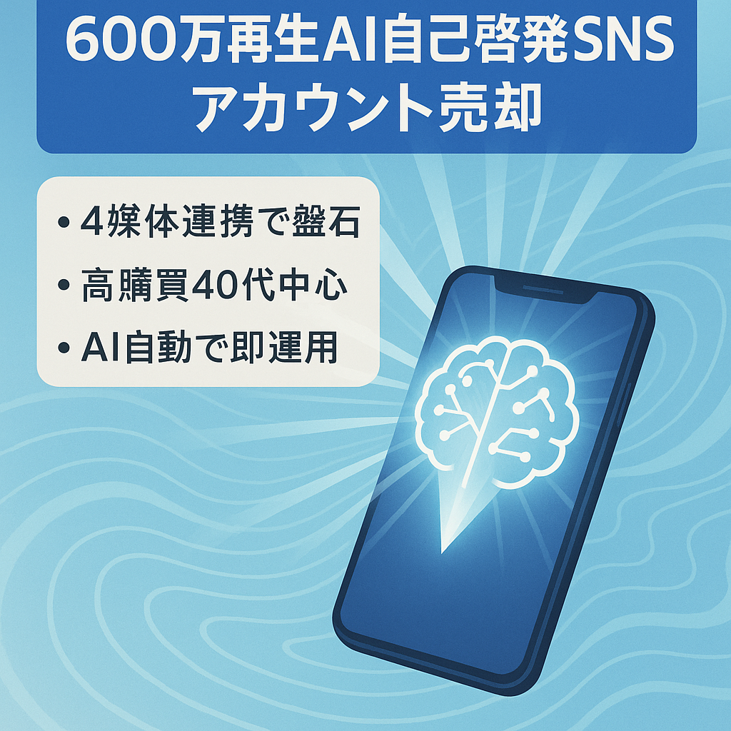 【累計再生回数600万回超え/収益実績有】AI半自動化/40-60代層がターゲットAI×自己啓発/4大SNS計約1.5万フォロワー(Instagram, TikTok, YouTube, Threads )