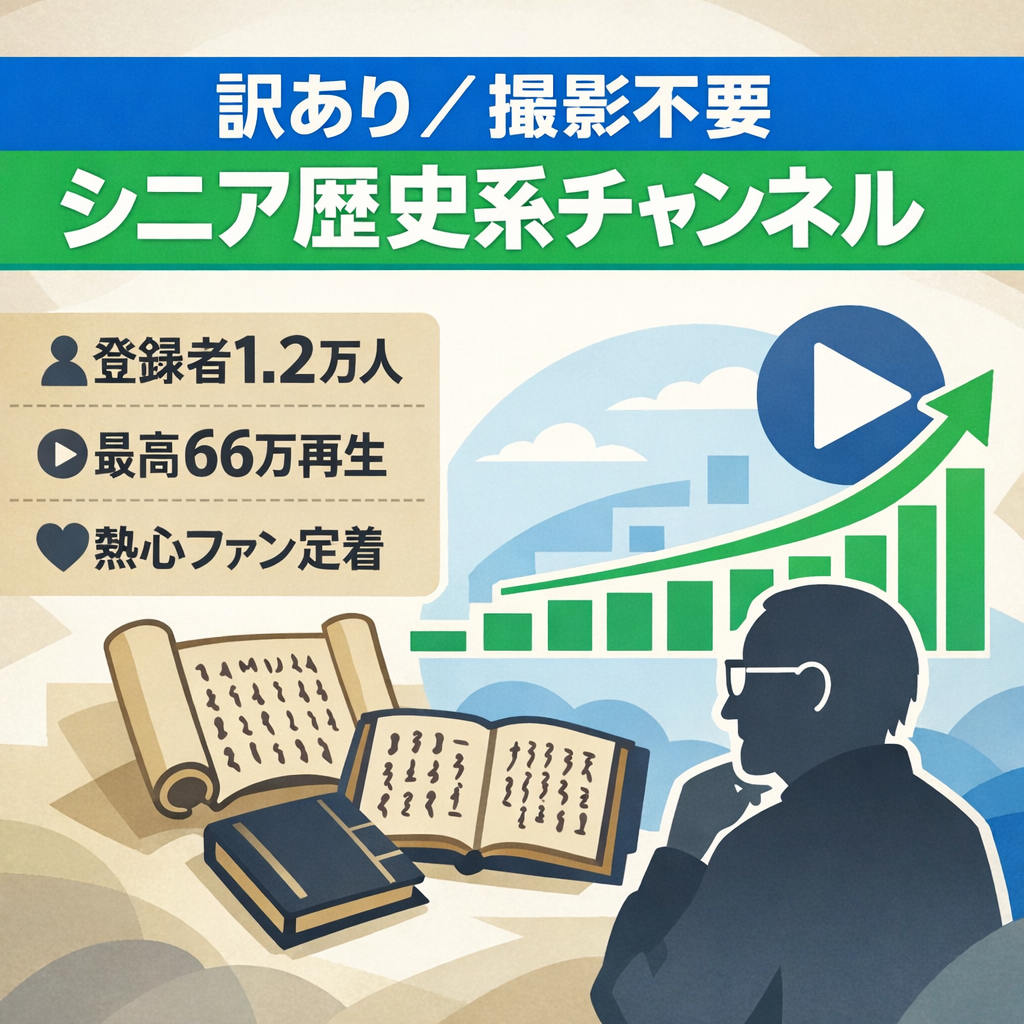 訳あり：【撮影不要】登録者1.2万人・最高66万再生！シニア特化の歴史系チャンネル｜外注化で編集