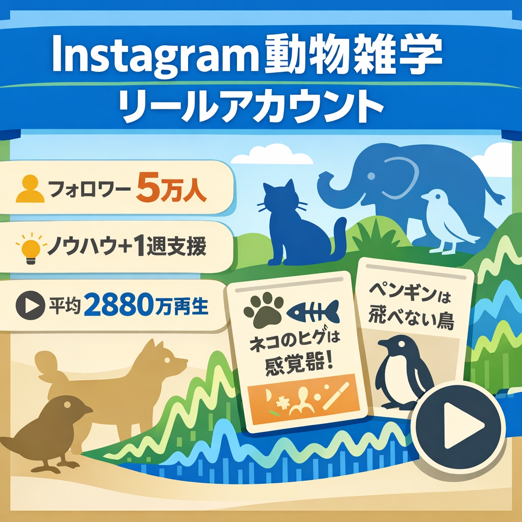 【月間平均2,880万再生/Instagramフォロワー5万人】動物雑学リール特化｜月間最高4,452万再生｜1投稿最高765万再生｜運用ノウハウ＆サポート付き