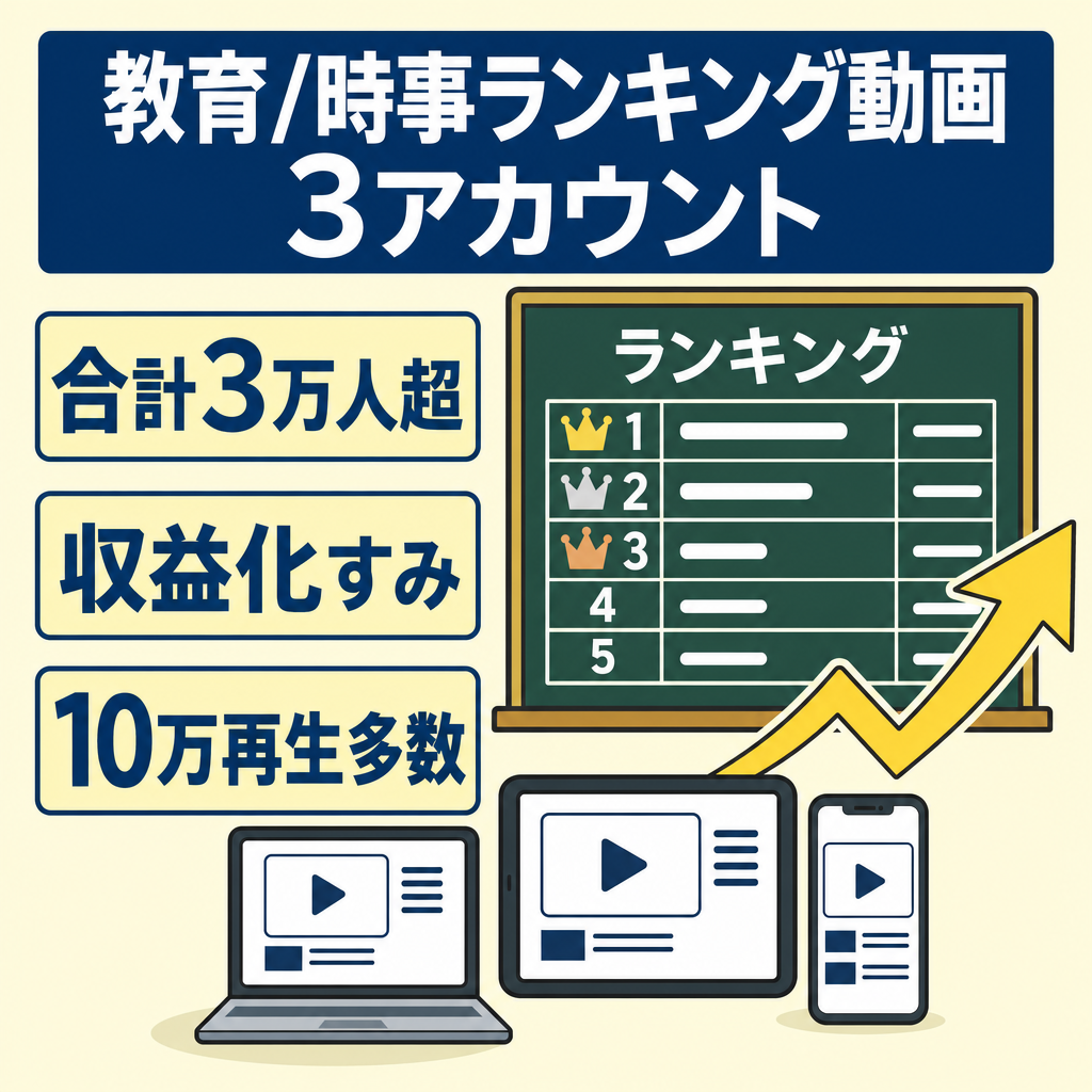【合計フォロワー3万人以上】収益化済みの教育や時事ランキングチャンネル！100万再生もあり！Youtube/Instagram/Tiktok3アカウント