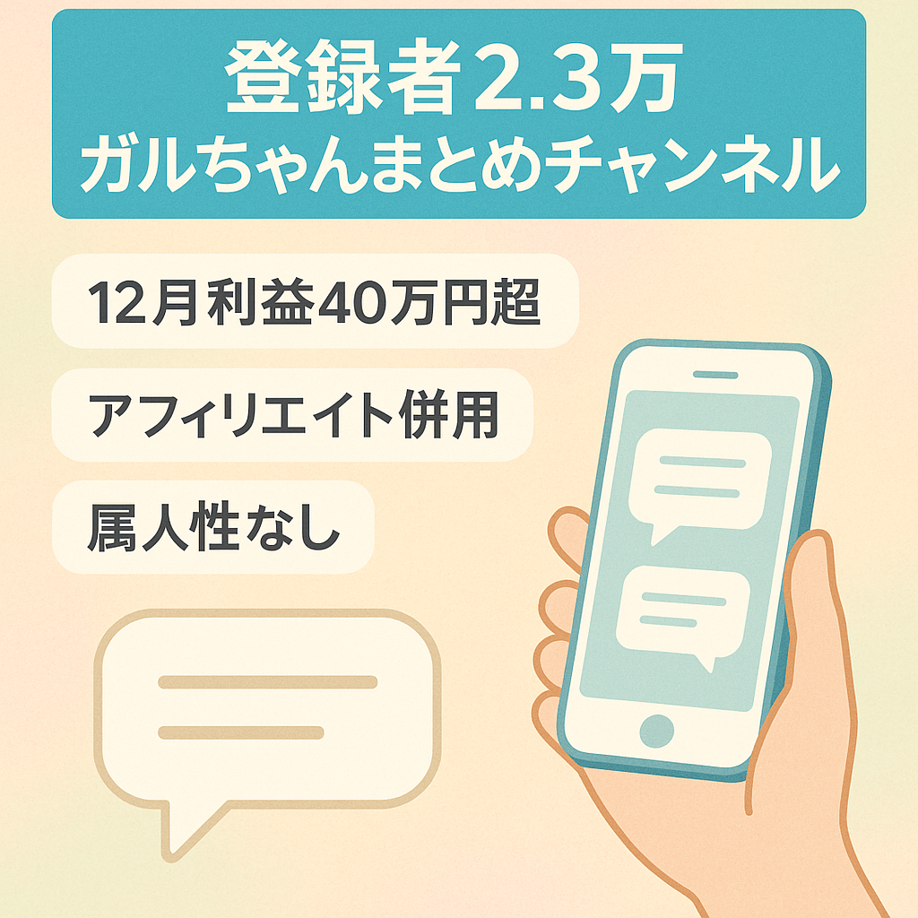 【金額交渉可能】12月利益40万円超！登録者2.3万人超えのガルちゃんまとめチャンネル