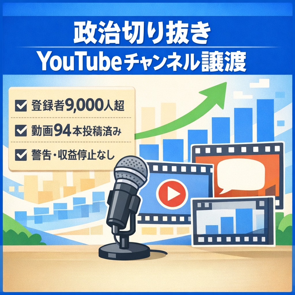 【チャンネル登録者9000人超え！！】政治切り抜きYouTubeチャンネル譲渡、現在ガイドライン違反なし、サムネイルテンプレート付き、フル外注可