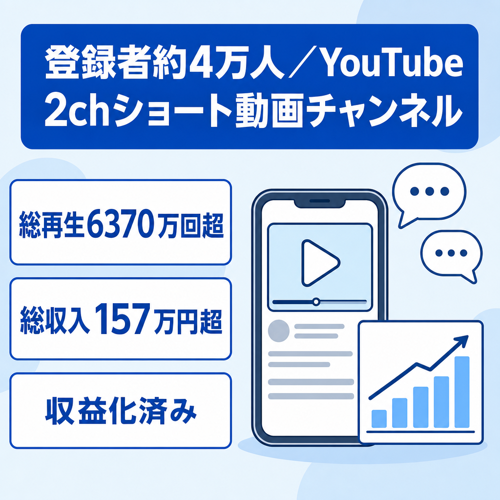 【収益化済/高品質！】登録者約4万人！2024年1月に最高月収約31万円！2ch系YouTubeショート動画チャンネル