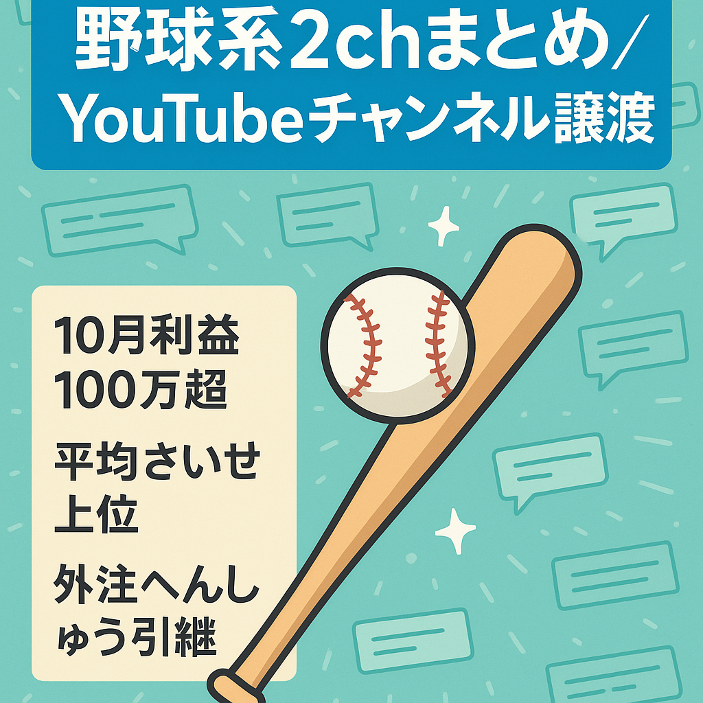 早い者勝ち！【10月利100万超】野球系2chまとめ / YouTubeチャンネルの譲渡【外注全引継ぎ可】