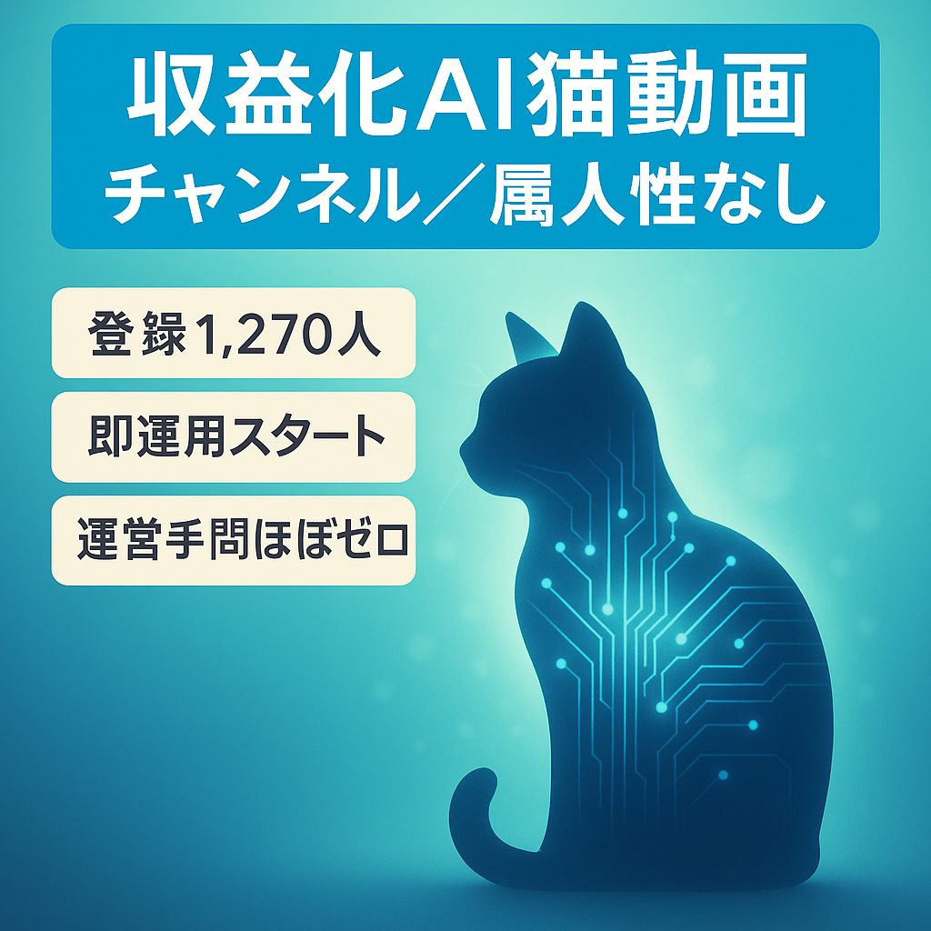 【収益化済、登録者数1,270人】AI猫動画チャンネル｜属人性なし、即運用可能！