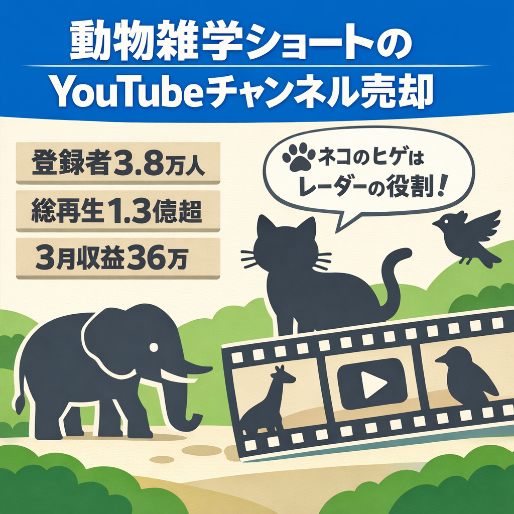 【YouTube登録者3.8万超/2026年3月収益36万円】動物雑学ショート特化で成長中！運用ノウハウ全てお渡し＆サポート付き【総再生1.3億超/最高2500万再生超】