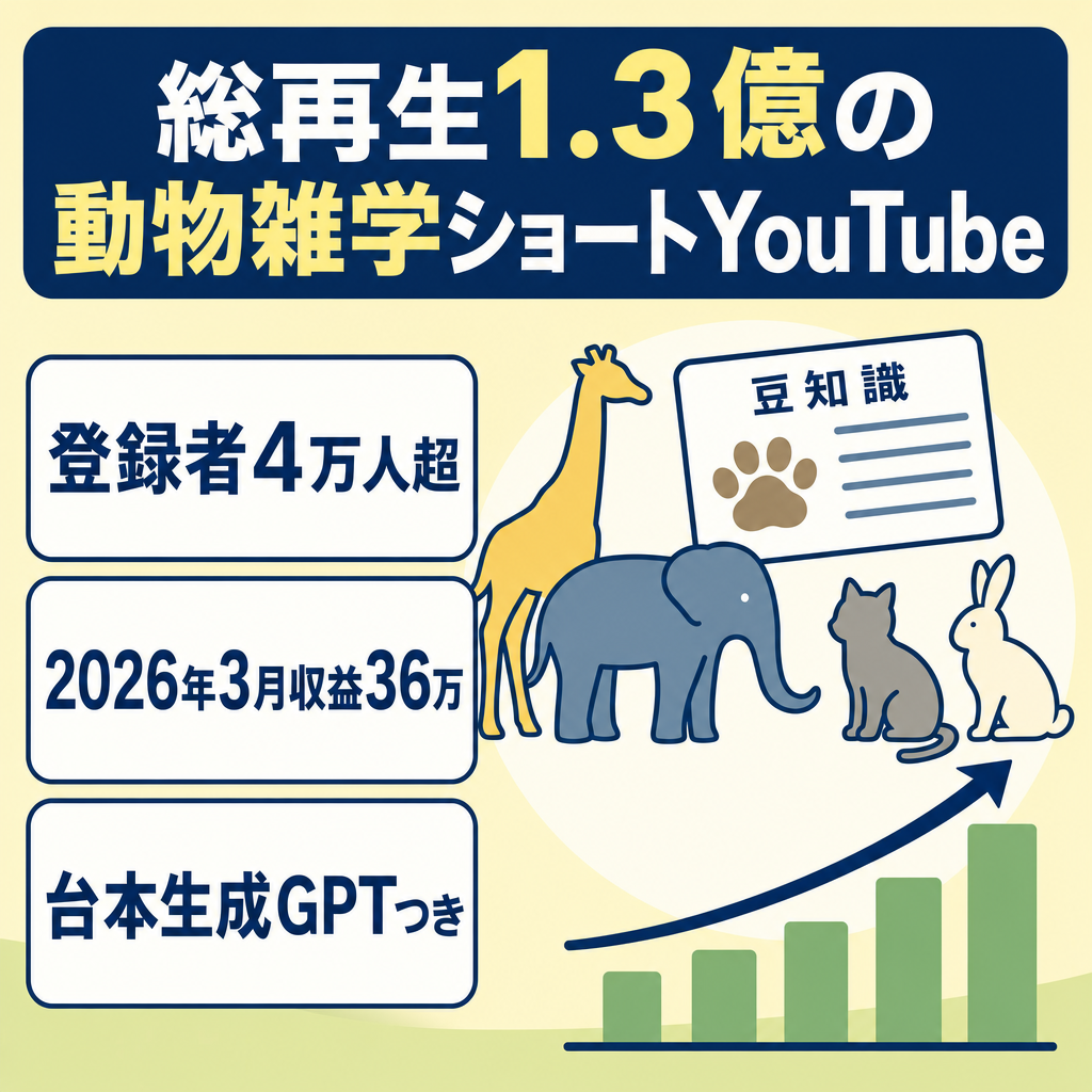【YouTube登録者4万超/2026年3月収益36万円】動物雑学ショート特化で成長中！運用ノウハウ全てお渡し＆サポート付き【総再生1.3億超/最高2500万再生超】