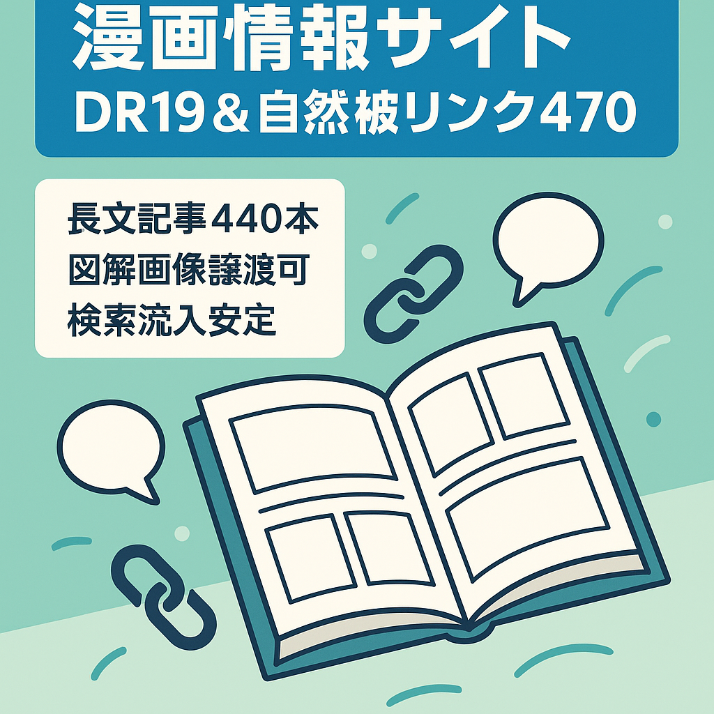 【漫画情報サイト】DR19＆自然被リンク470！記事数440本・オリジナル画像豊富