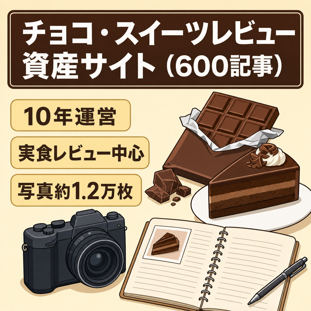 【実食オリジナル写真 約1万枚】10年運営のチョコ・スイーツレビュー資産サイト｜600記事・独自ドメイン運営