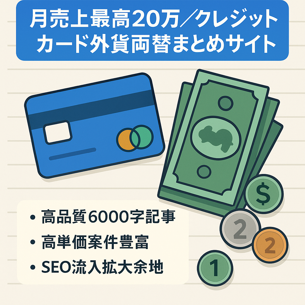 【最高200,000 円以上/月売上】ASP実績あり/高品質オリジナル記事のクレジットカードや外貨両替のまとめサイト