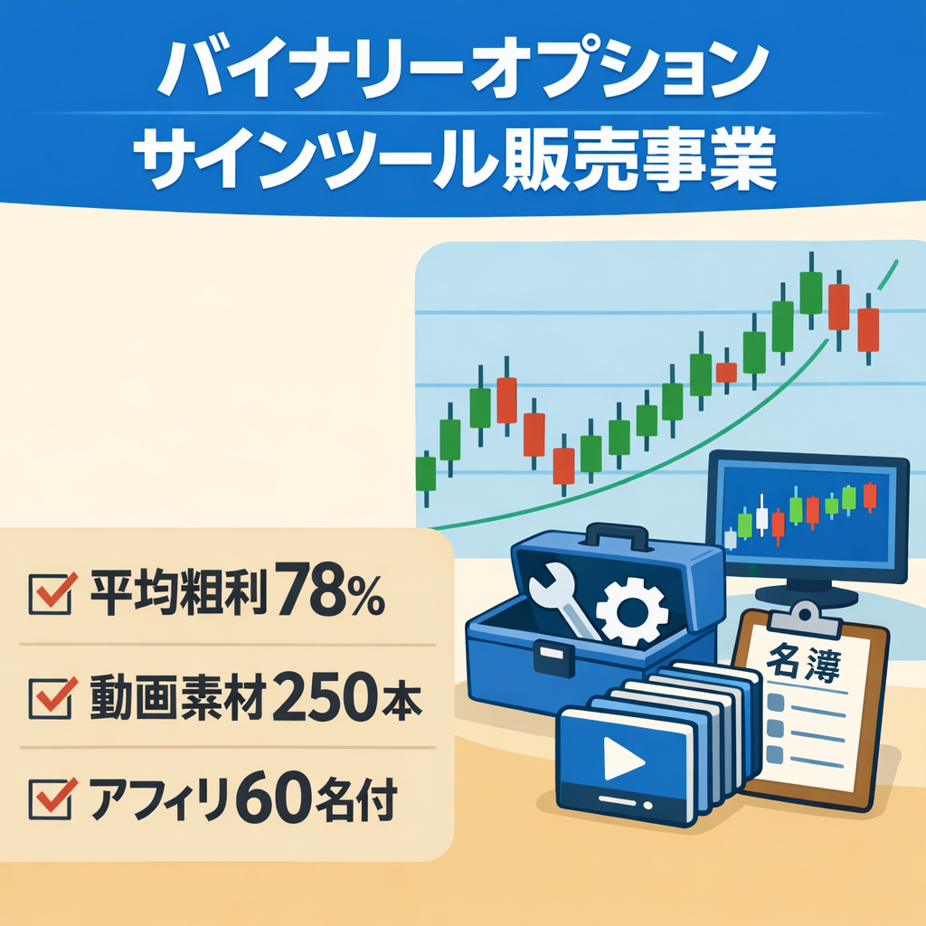 【平均粗利78％超】バイナリーオプション・サインツール販売事業｜動画250本・リスト譲渡