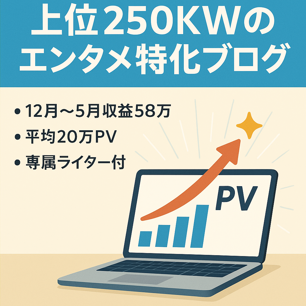 【12月〜5月間収益58万＆平均20万PV】1位KW250以上・インデックス速め・テンプレ多数のエンタメ特化ブログ！※購入者5大特典で安定運営！