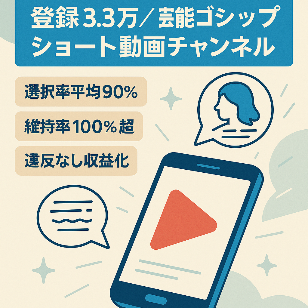 最終価格【非属人・収益化済】ショート動画中心・登録者3.3万人！芸能ゴシップ・トレンド系チャンネル｜BGM会社紹介有り｜11月収益差し上げます