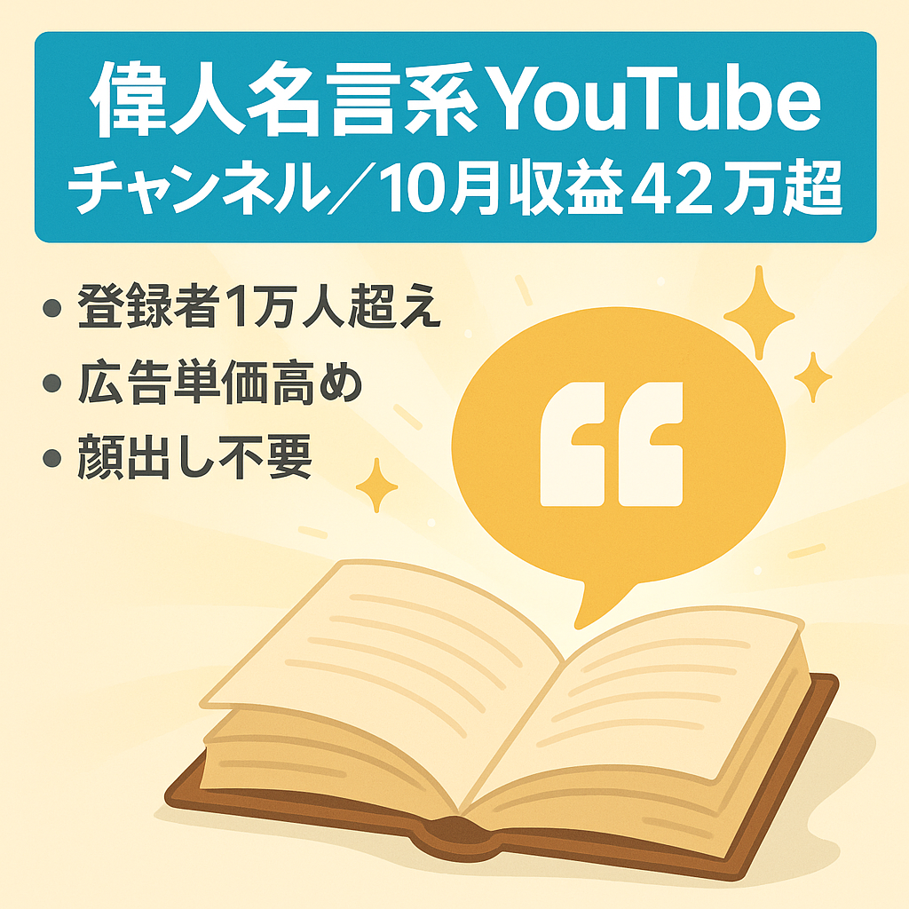 【10月収益42万超え・登録者10000人以上】人気の偉人名言系YouTubeチャンネル／広告単価高め／顔出しなし・非属人