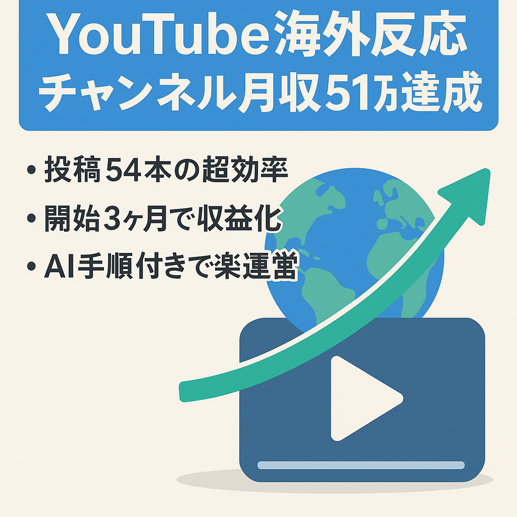 【半額以下！】【3ヶ月で収益化→月収51万円達成】海外反応チャンネル｜登録4,650人｜54本で月収51万の超効率。AI用プロンプト付き