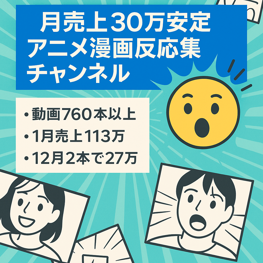 【過去動画のみで売上30万円安定中】トレンドに左右されないアニメ漫画反応集チャンネル【外注可能】