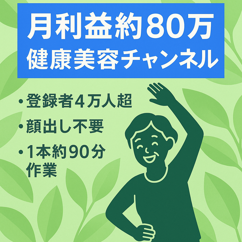 【単価1円以上有り】最高月利益今年６月約８０万登録者４万人以上のシニア向け健康美容チャンネル【顔出し不要/属人性なし】