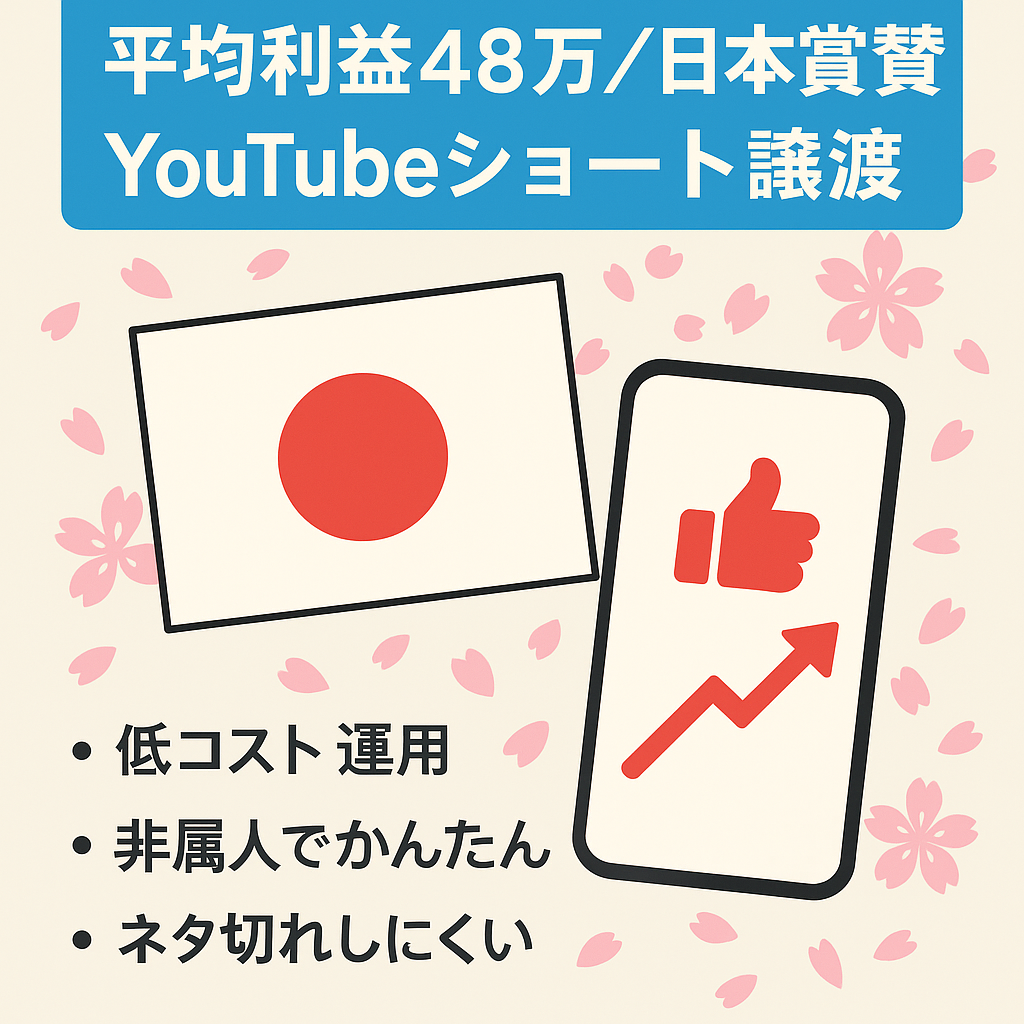 【最高収益54万円、平均収益48万円/月】非属人・日本人賞賛系Youtubeショート特化の譲渡