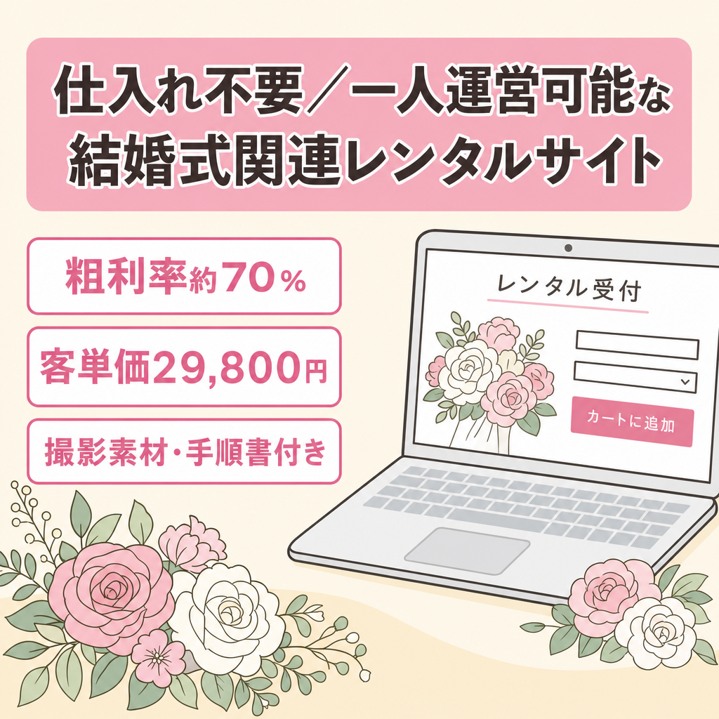 【粗利率約70%×仕入れ不要】結婚式関連レンタルサービス/副業・一人運営可能な固定費を抑えたモデル