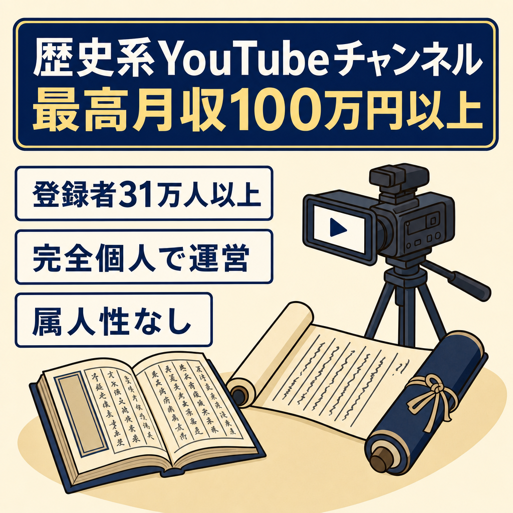 歴史関係　YouTube チャンネル　登録者31万以上　最高月収100万円以上