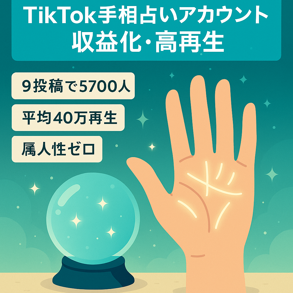 【収益化済みTikTok】【9投稿で5700フォロワー】平均40万再生↑の手相占いアカウント/属人性0/MAX再生回数200万↑