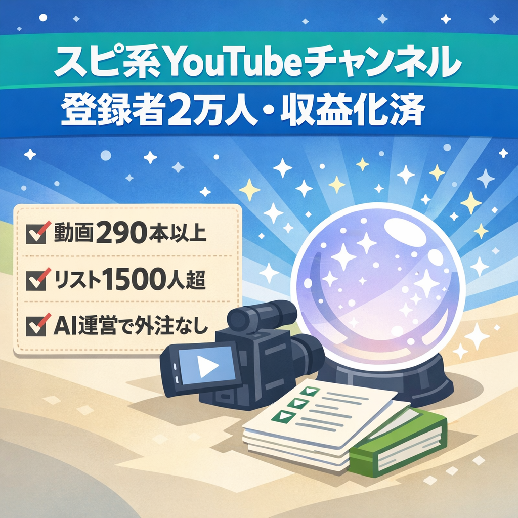 【最終値下げ】運営歴1年以上動画290以上の収益化済スピ系ouTubeチャンネル。無料集客からのリスト（1200人以上）と広告からのリスト（約300人）もお渡しします