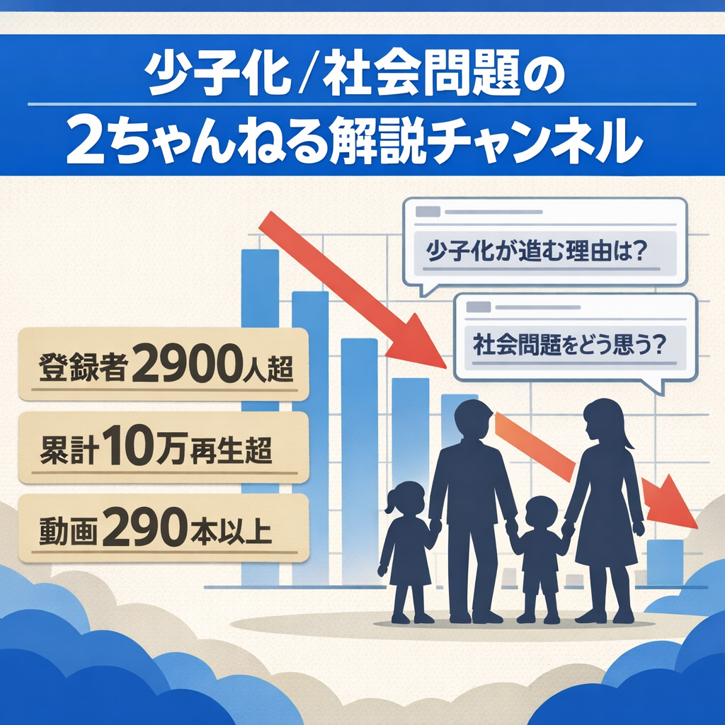 【登録者2900人超・10万再生超の実績あり】少子化・社会問題特化の2ch解説チャンネル。大人向け広告層がメイン【属人性なし】