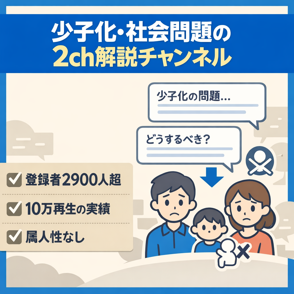 【登録者2900人超・10万再生超の実績あり】少子化・社会問題特化の2ch解説チャンネル。大人向け広告層がメイン【属人性なし】