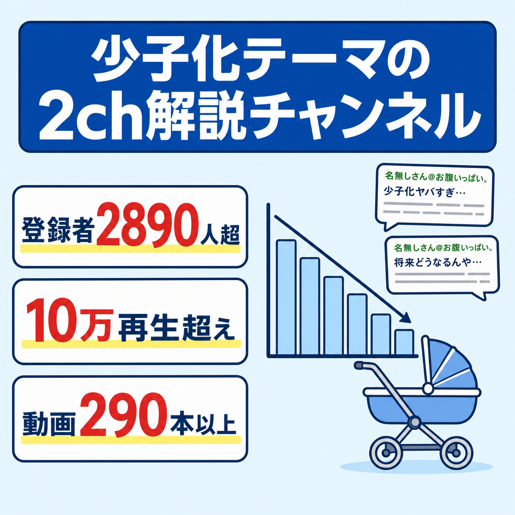 【登録者2890人超・10万再生超の実績あり】少子化・社会問題特化の2ch解説チャンネル。大人向け広告層がメイン【属人性なし】