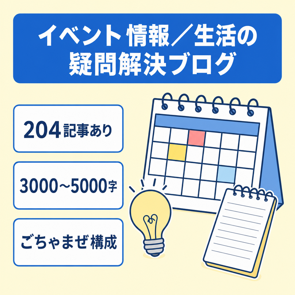 イベント情報と、生活の疑問解決のアドセンスブログ。記事数204、文字数約3000~5000,