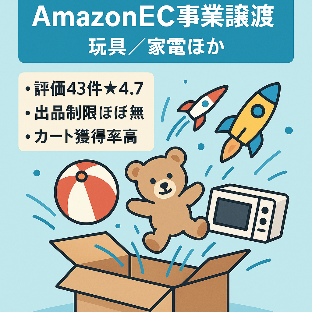 EC事業：AmazonEC事業譲渡　取り扱いジャンル(おもちゃ、プラモデル、フィギュア、家電、日用品、コスメ、DVD等　評価数43☆4.7・出品制限解除済み多数