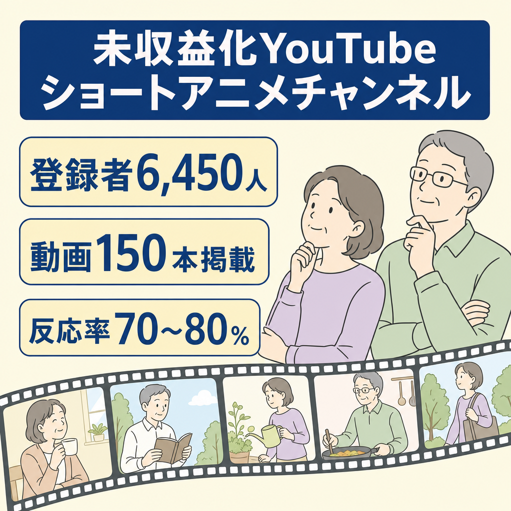 YouTubeショートアニメ。チャンネル登録数6450人。150本の動画掲載。未収益化。エンゲージメントは概ね70～80％