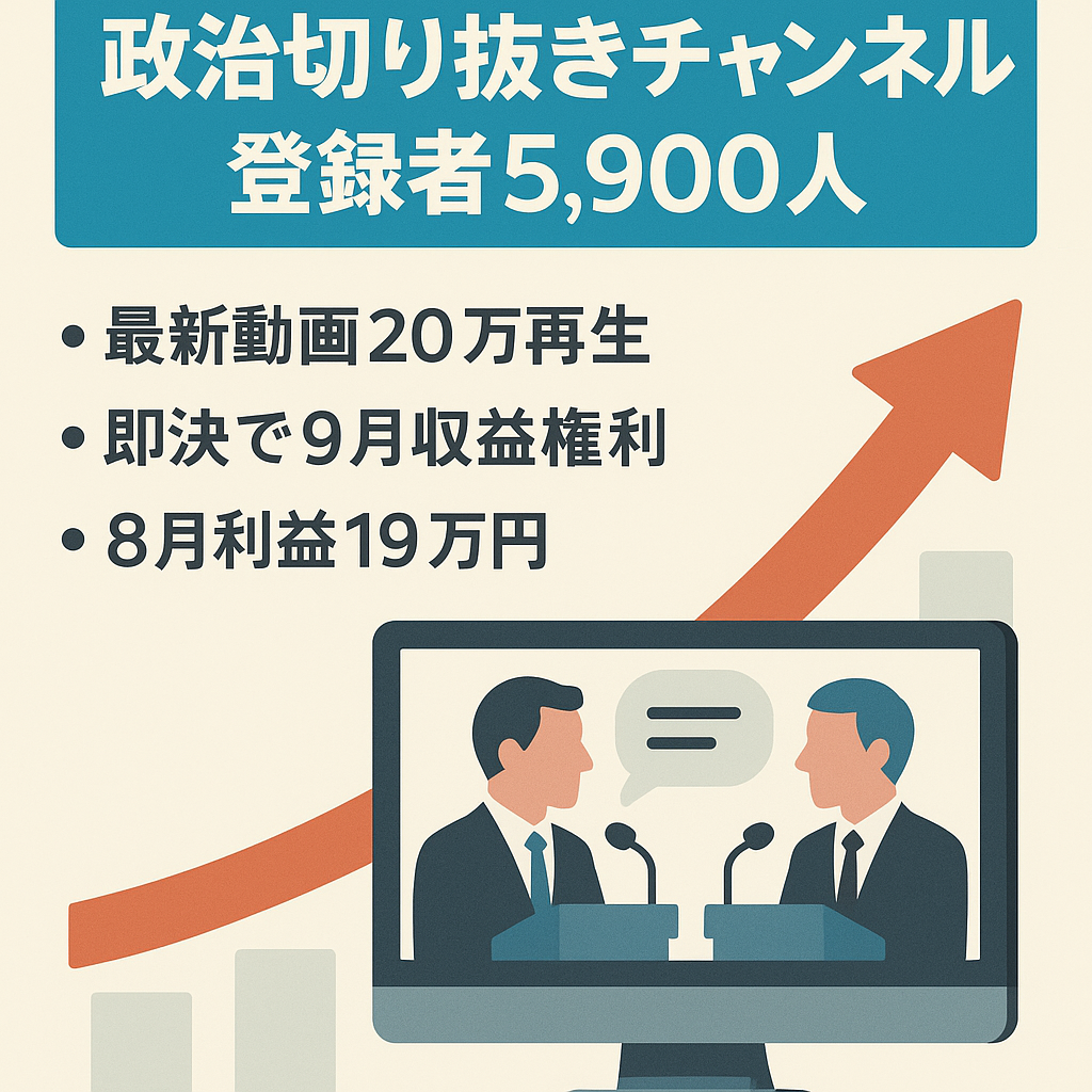 【政治切り抜き】登録者5,900人/8月利益19万円/収益分配なし/非属人/再現性が高い
