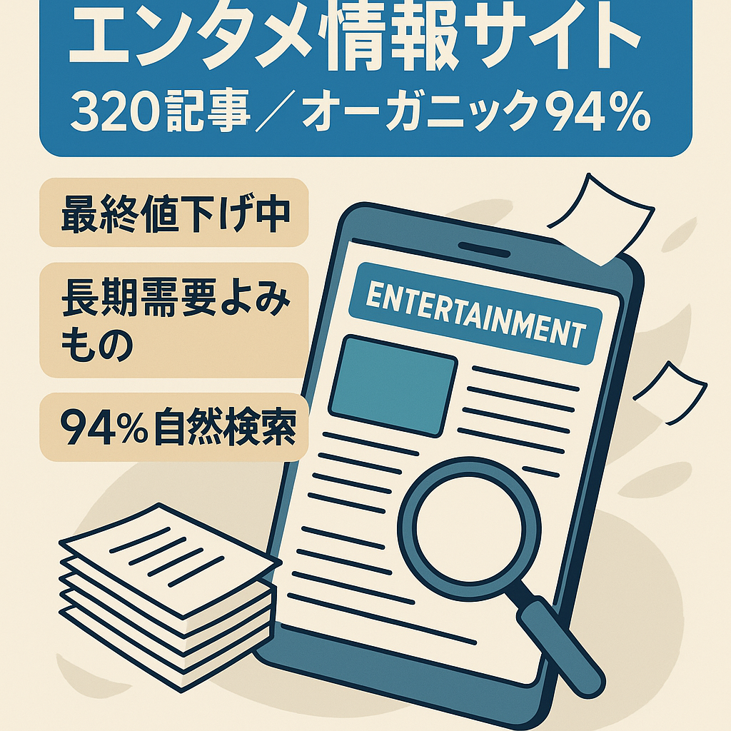【最終値下げ！】長期的に需要のある記事320以上！オーガニック検索による流入94%のエンタメ情報サイト！