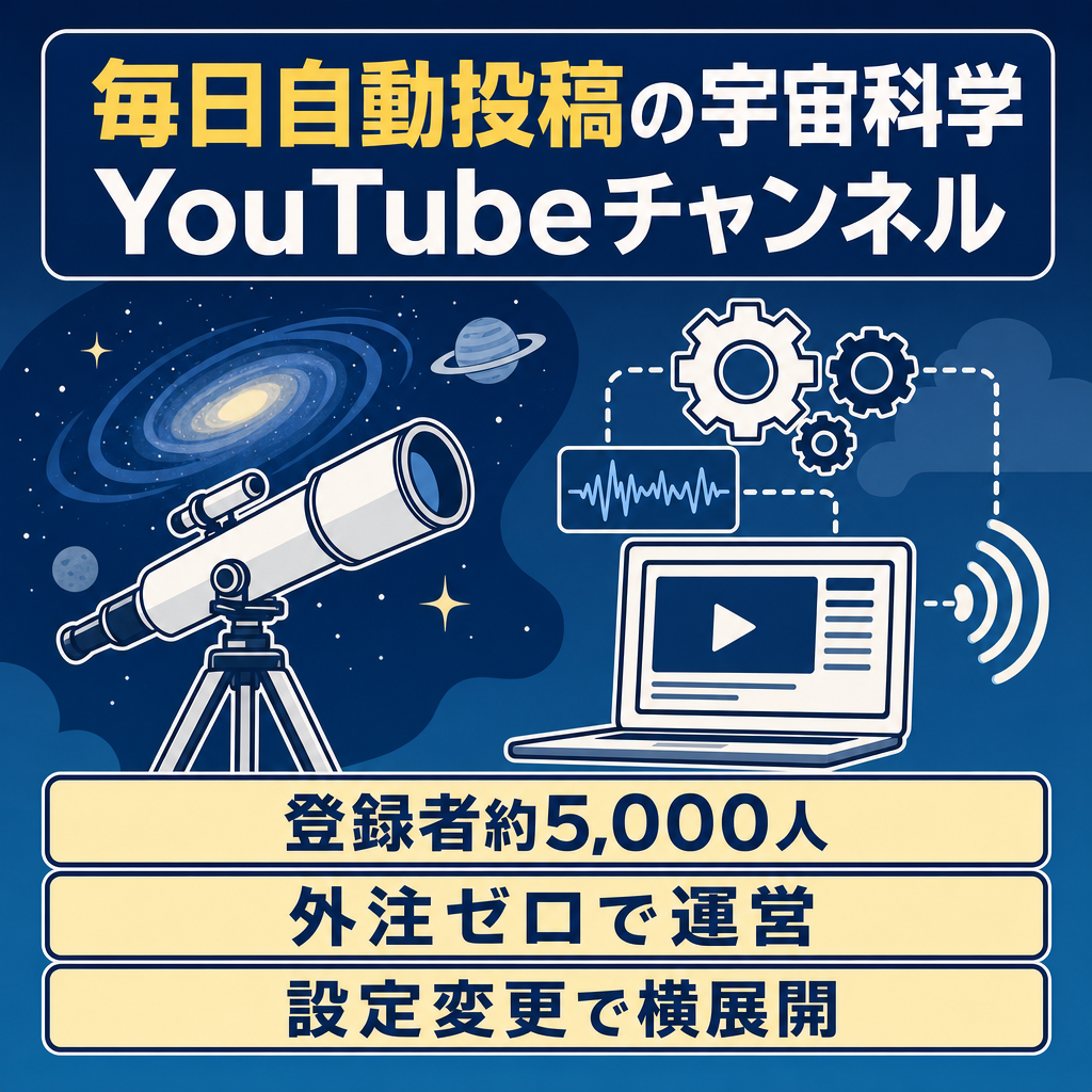 【企画から配信までAI自動化済・他チャンネル展開/量産可能】PC1台で回る長尺YouTube宇宙科学チャンネル【開設から4ヶ月で登録者約5,000人】