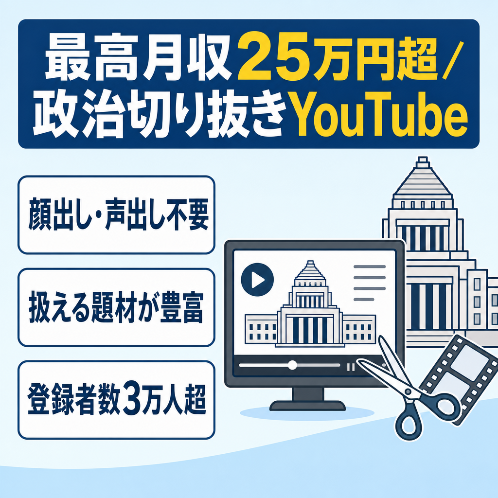 切り抜き：【最高月収25万円超】登録者数30,000人越え!! 非属人の政治系で副業にもおすすめ。