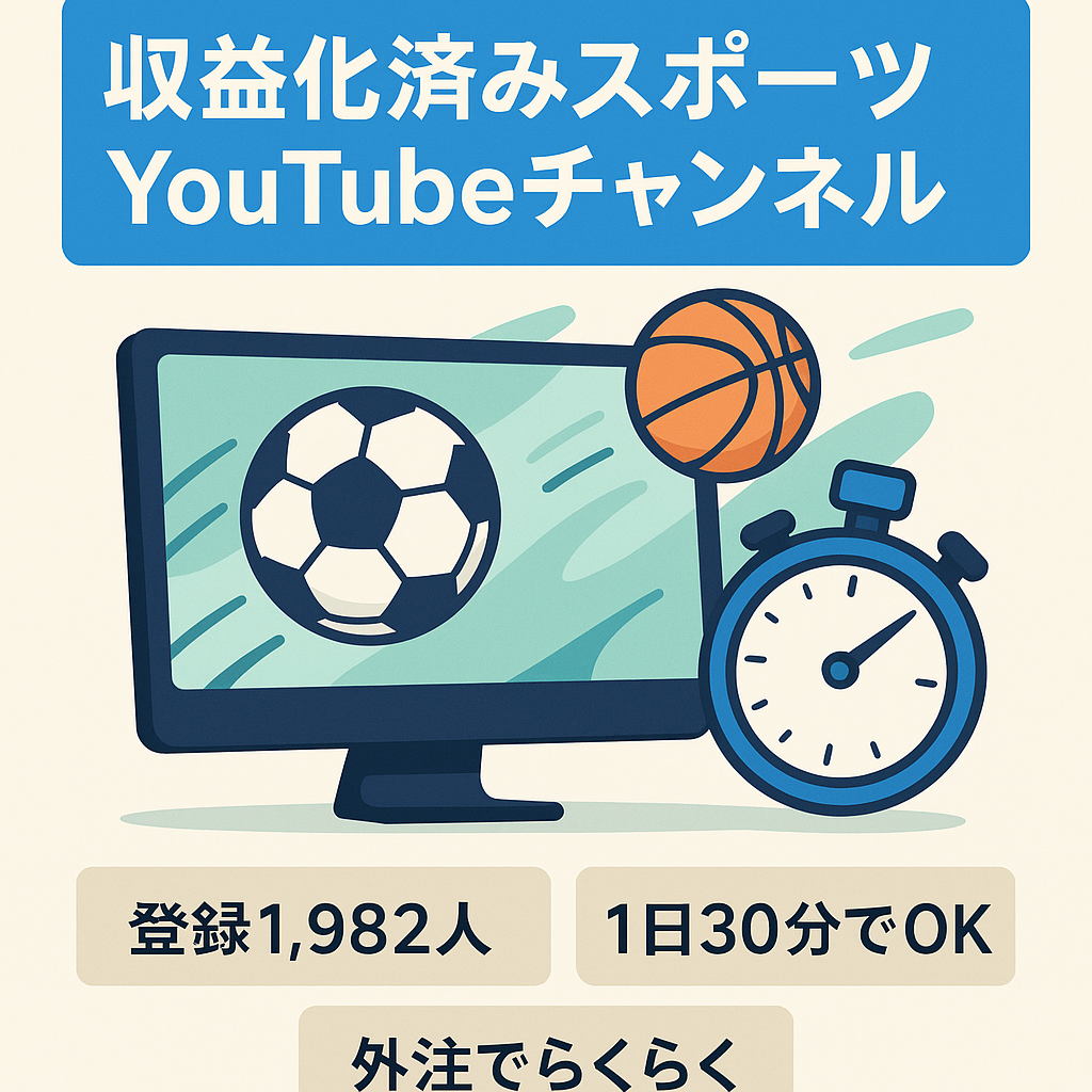 【収益化済み・チャンネル登録者1,982名】今が旬なスポーツジャンル【顔出し不要/属人性なし】1日30分の作業で運営可能！【値段交渉歓迎！】