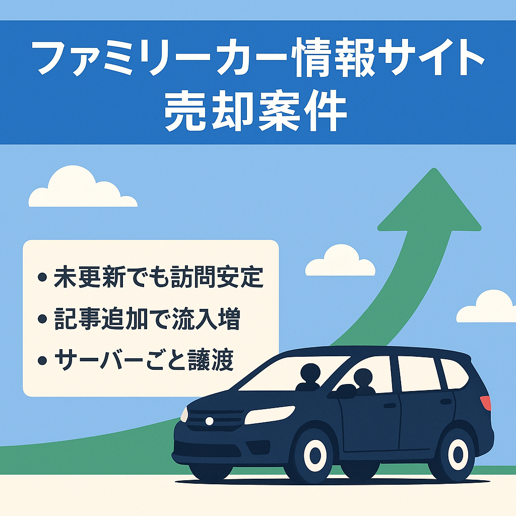ファミリーカーの情報サイト。広告の見直し等で売上増加が見込めます。自動車関連ビジネスのオウンドメディアとしても利用可
