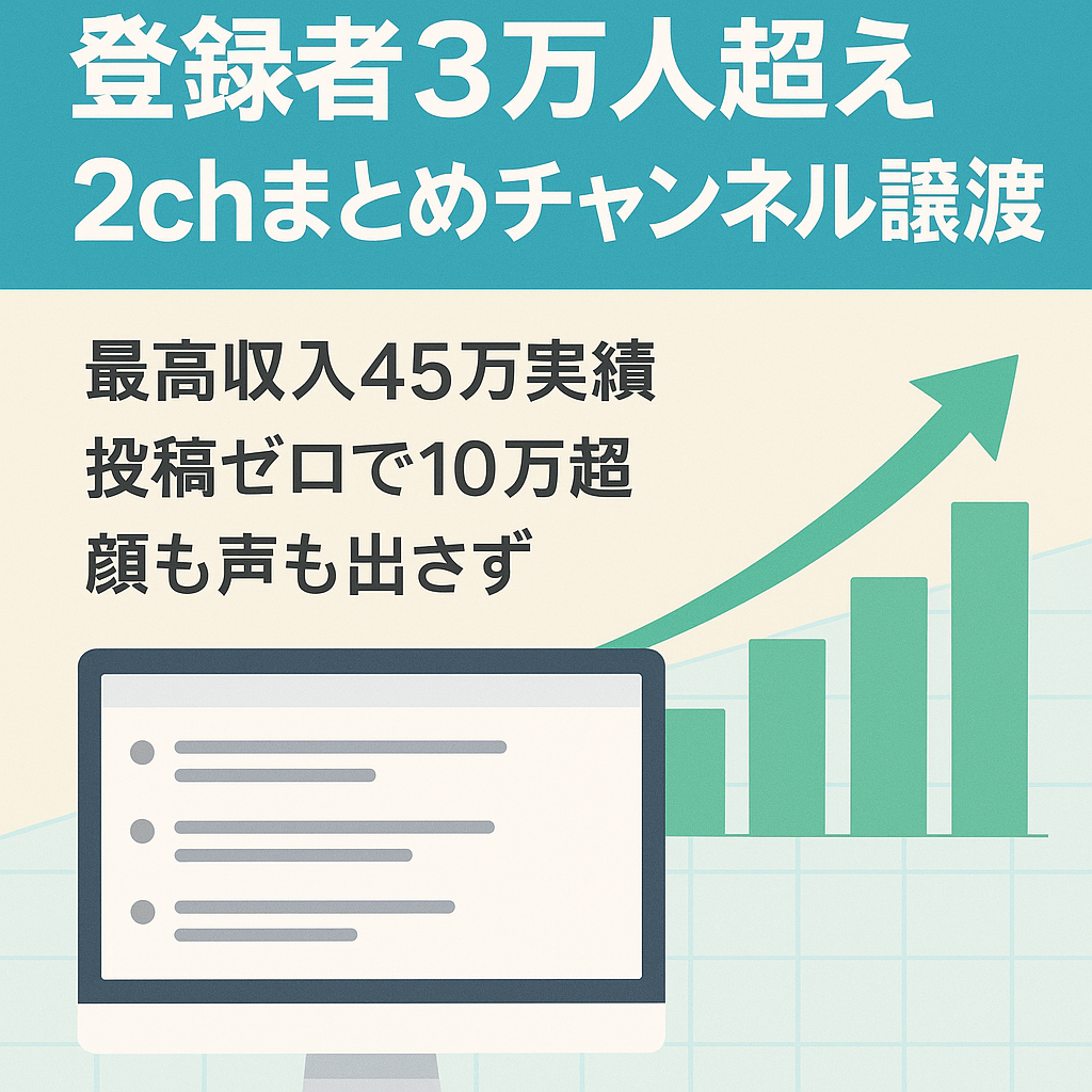 【最高収益45万・動画投稿なしでも10万越えの収益】登録者数3万人超え！2chまとめチャンネルの譲渡