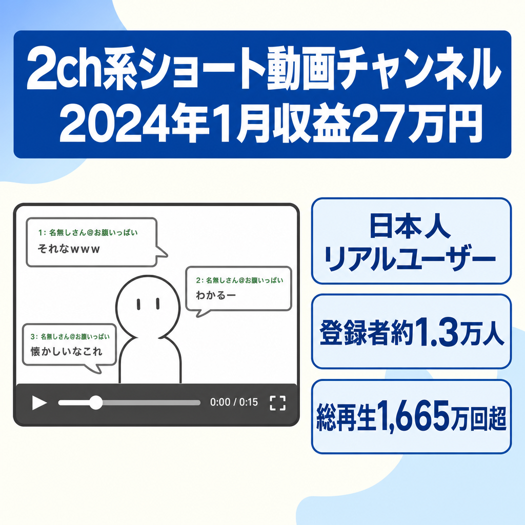 【収益化済！日本人リアルユーザー】登録者約1.3万人！2024年1月に最高月収約27万円！2ch系YouTubeショート動画チャンネル