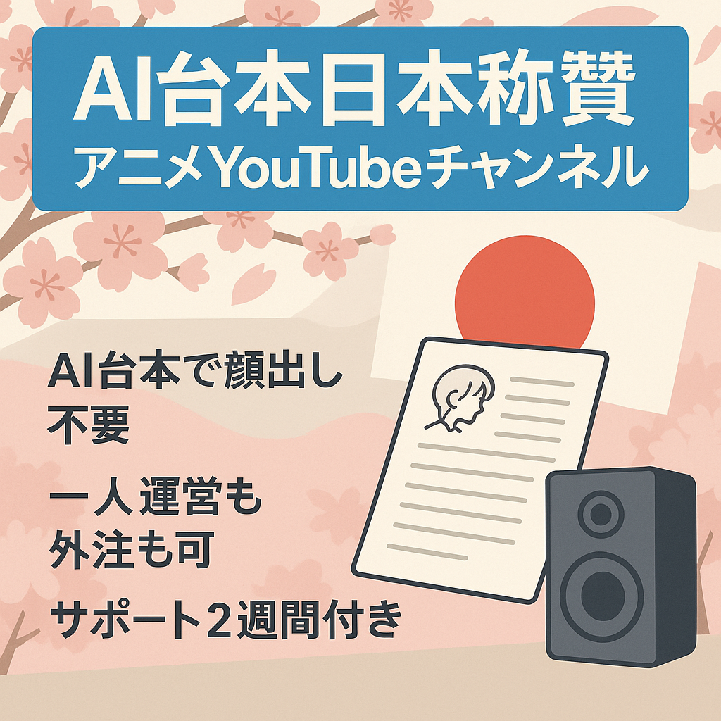 【月30~50万目安】【AI台本】顔出しナシの日本称賛×アニメのYouTubeチャンネル【サポート期間2週間付き】