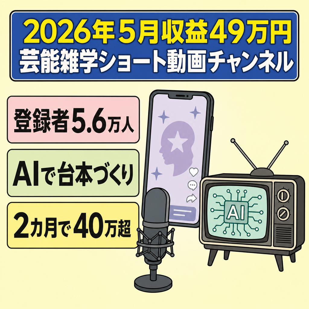 【2026/5月収益49万円、登録者56000人】芸能人雑学ショート動画チャンネル